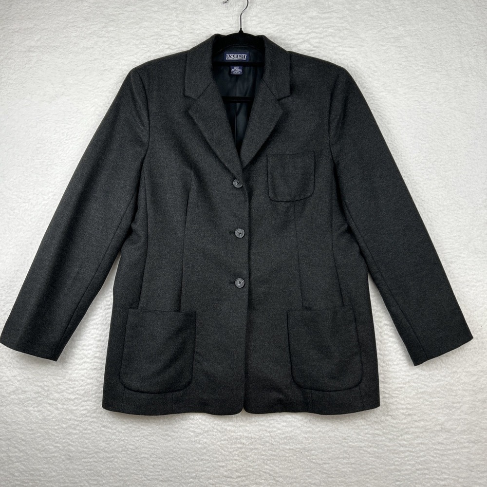 Women's Lands' End Gray Wool Cashmere 3-Button Blazer Jacket Size 14 Petite